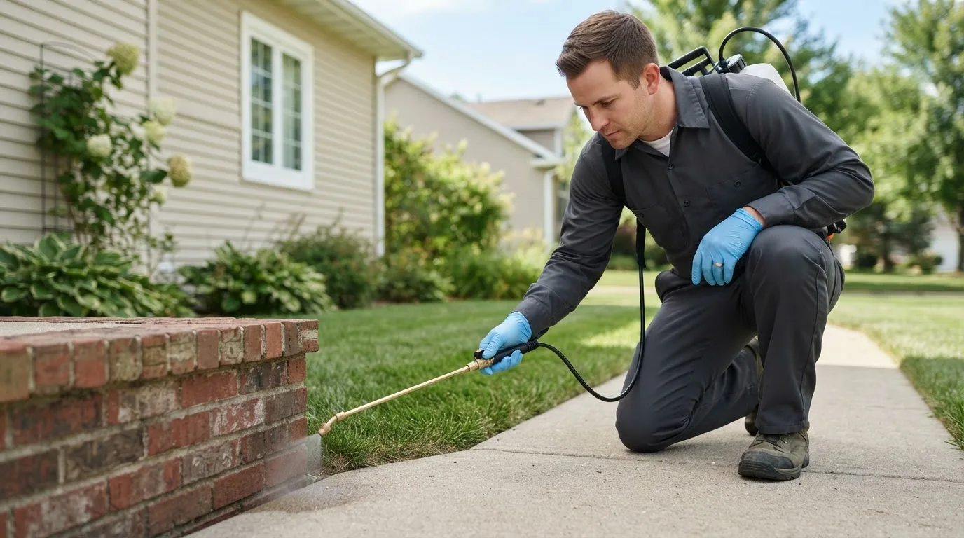 Pest control technician treating a home near Kempton, IL