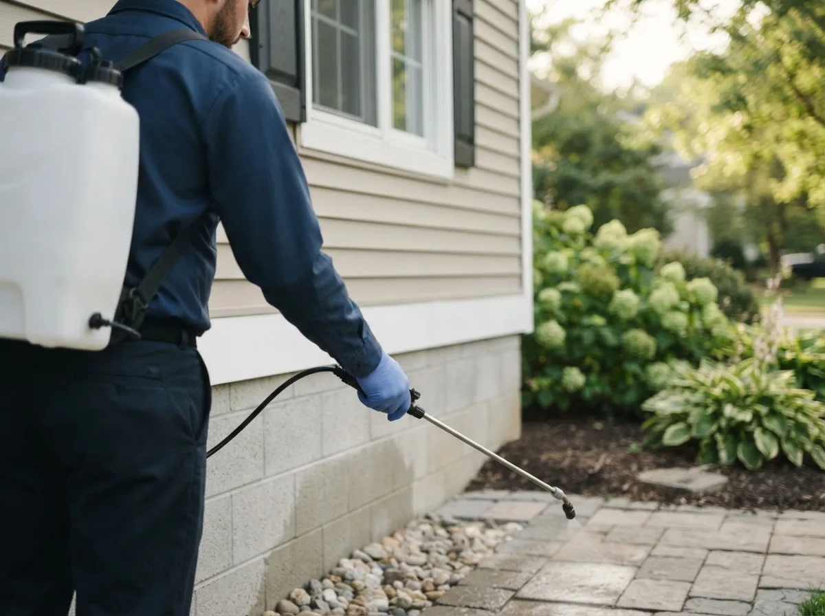 Pest control technician inspecting a home in Kempton, IL